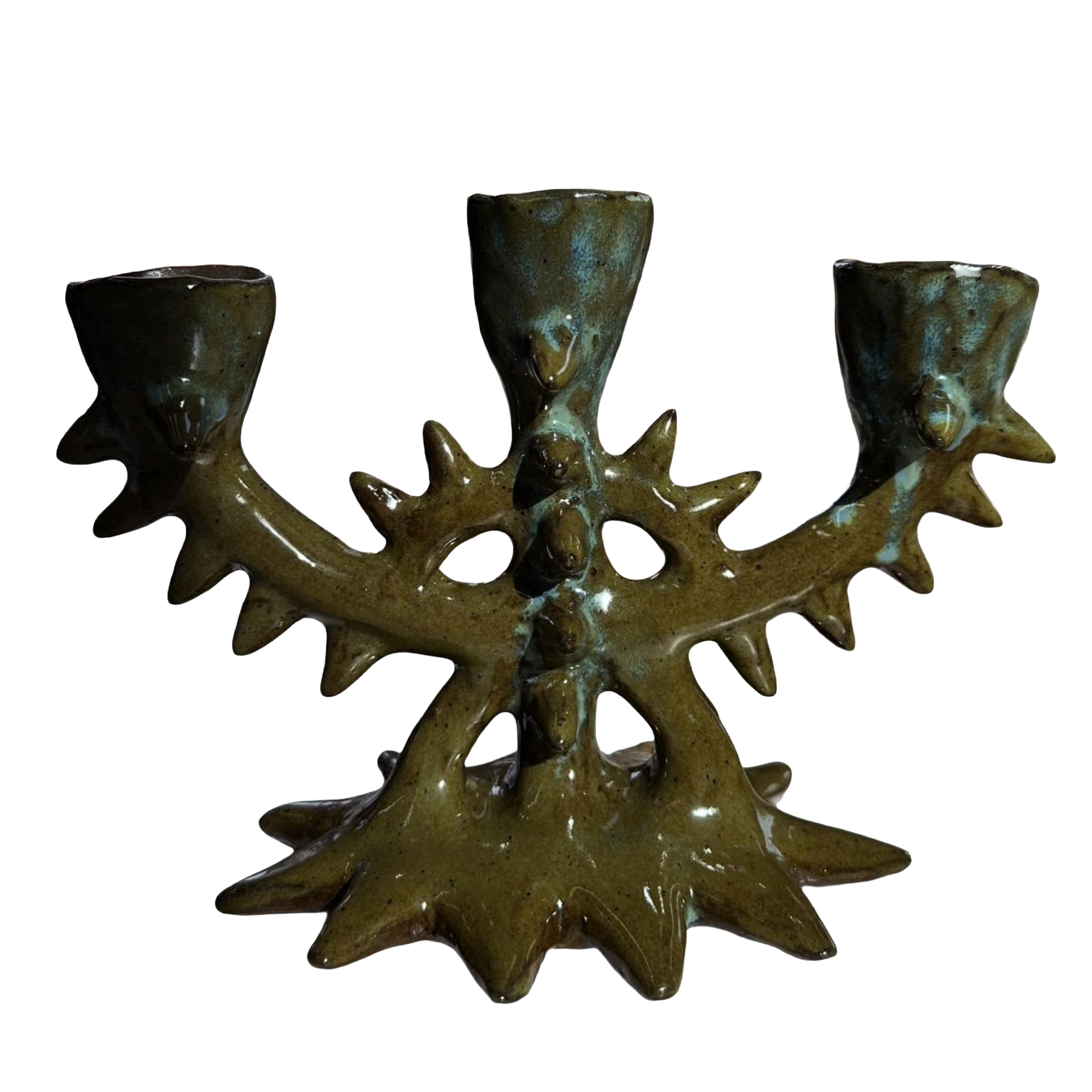 Spike moss candelabra in moss green glaze with minty details