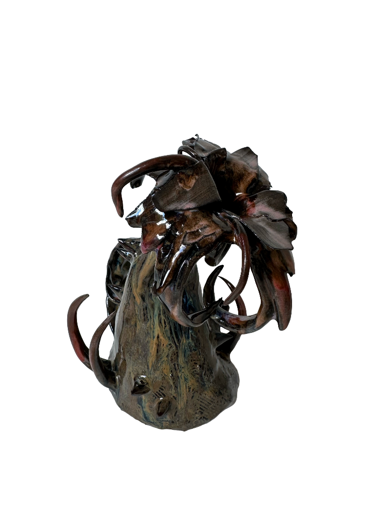 Rot — sculptural vase with tendrils and unfurling petals