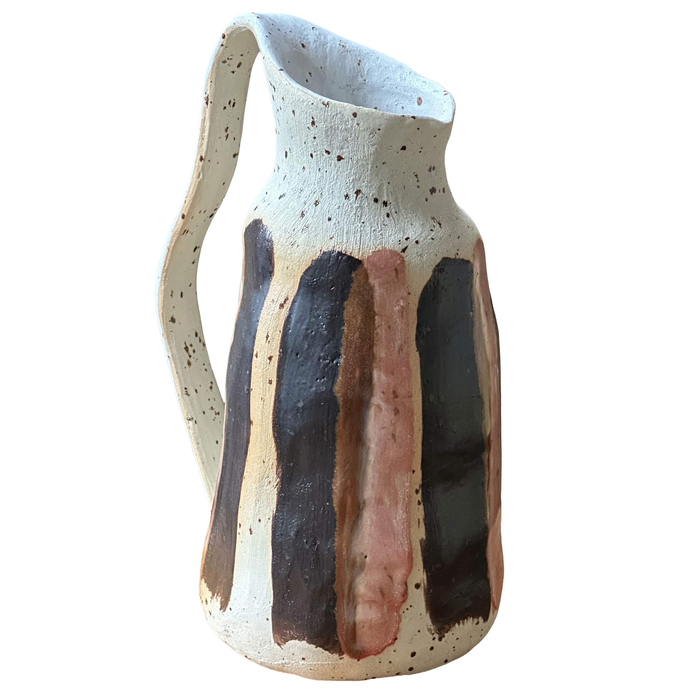 Striped Jug in speckled stoneware with matt white, brown and pink glazes